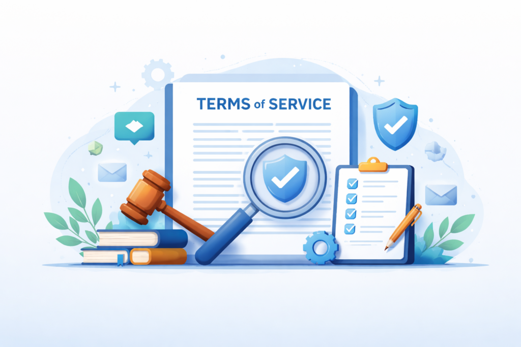 Terms of Service illustration showing legal agreement, user obligations, and platform rules