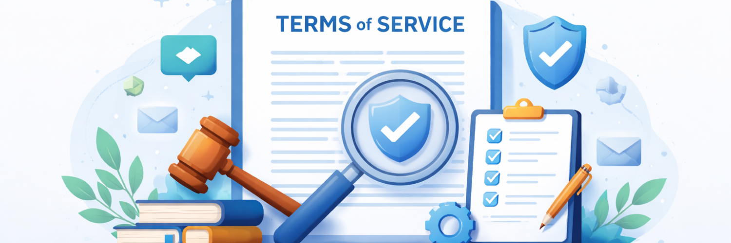 Terms of Service illustration showing legal agreement, user obligations, and platform rules
